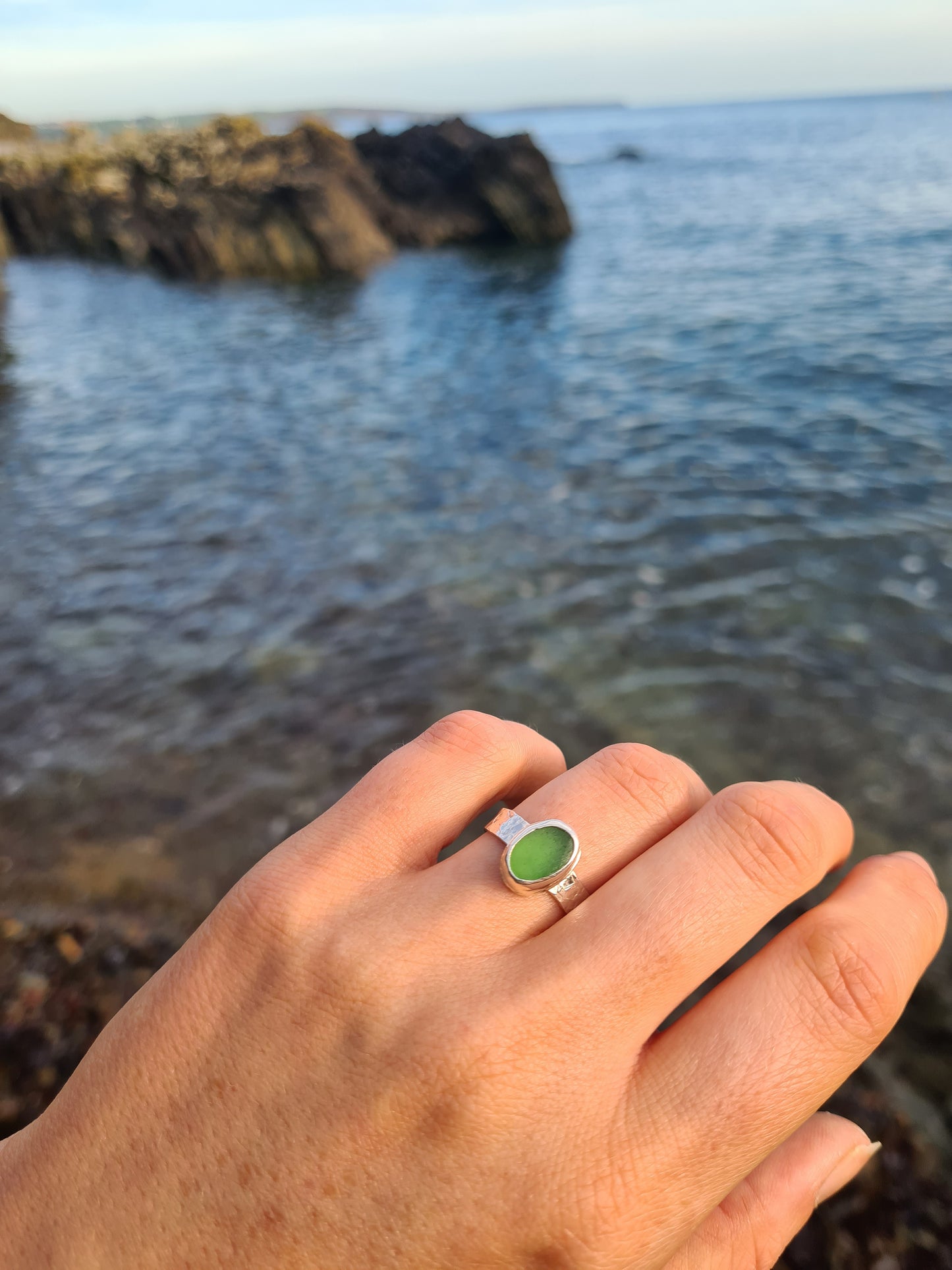 Green Droplet Adjustable Silver Ring